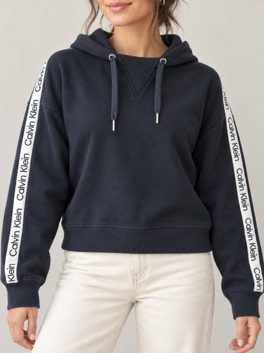 Calvin Klein Black Logo Tape Sleeve Pullover Hoodie Size M